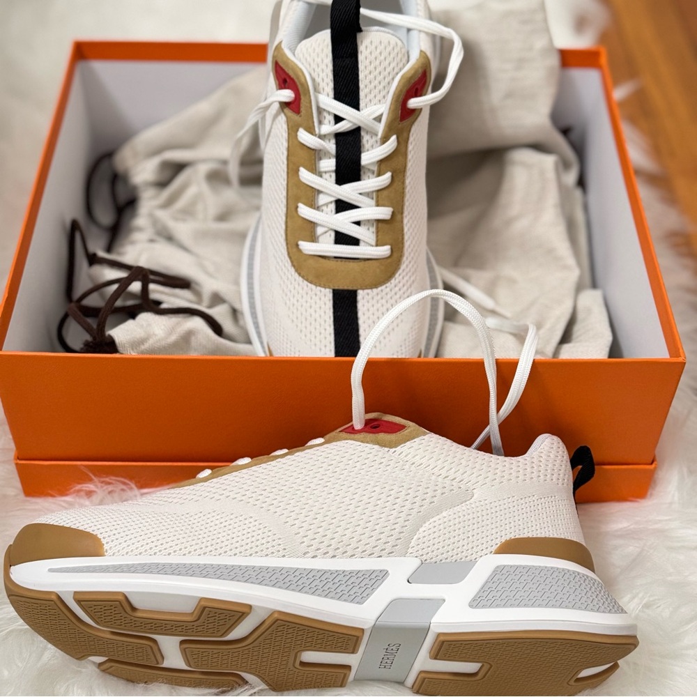 Stylish White and Tan Sneakers
